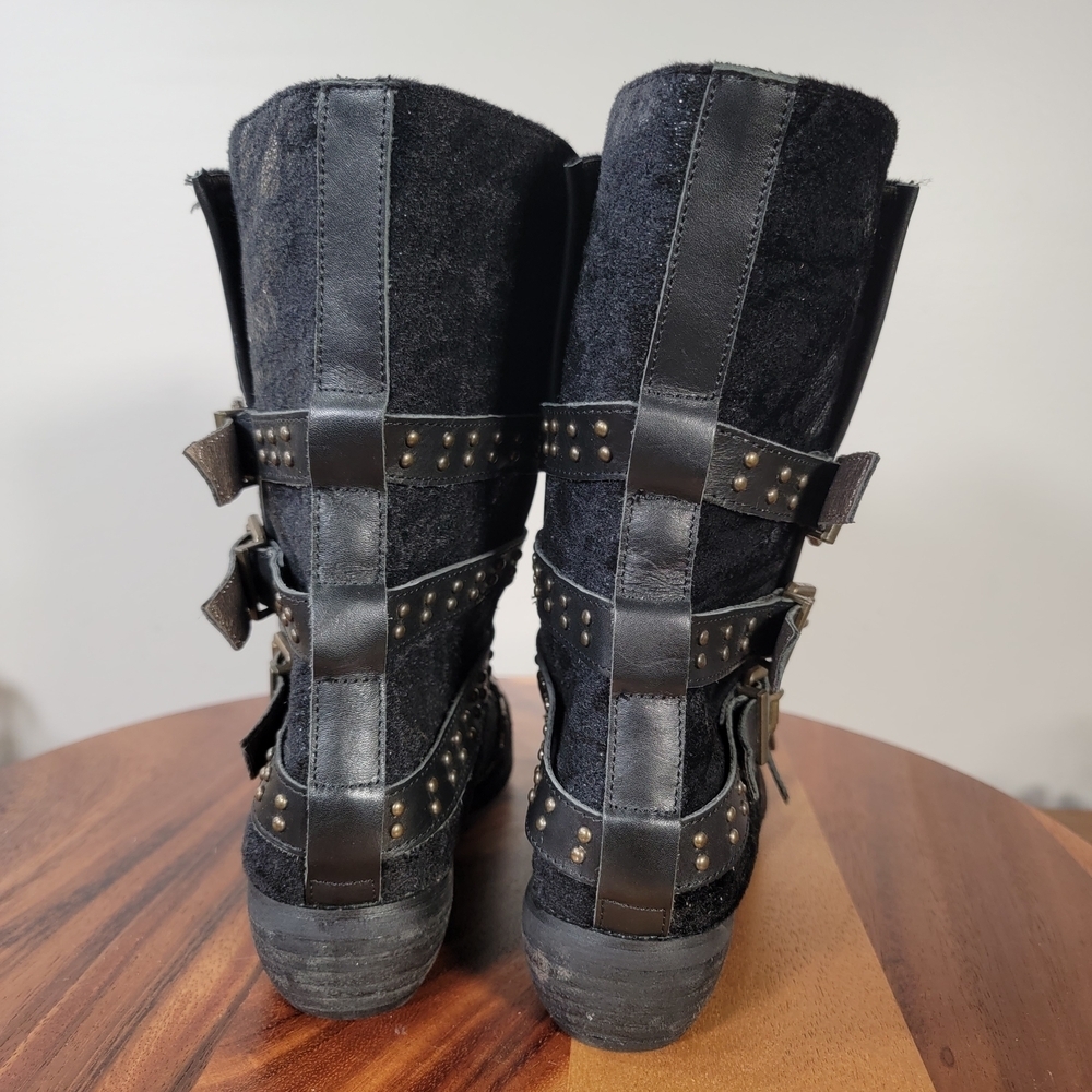 Joyfolie Edgy Black Buckle Combat Boots Faux Fur Size 7 - Picture 4 of 13